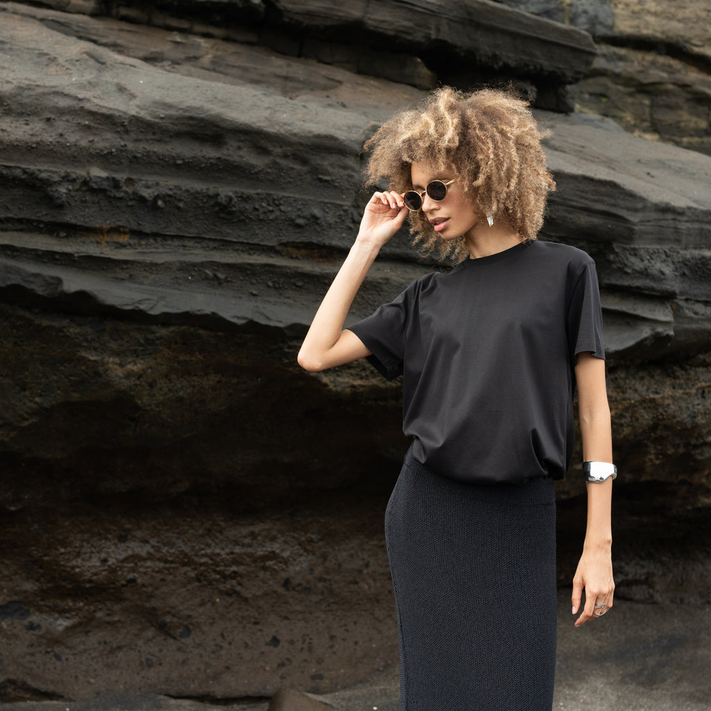 "THE FLOW" Silk Blend Regular T-Shirt - BLACK