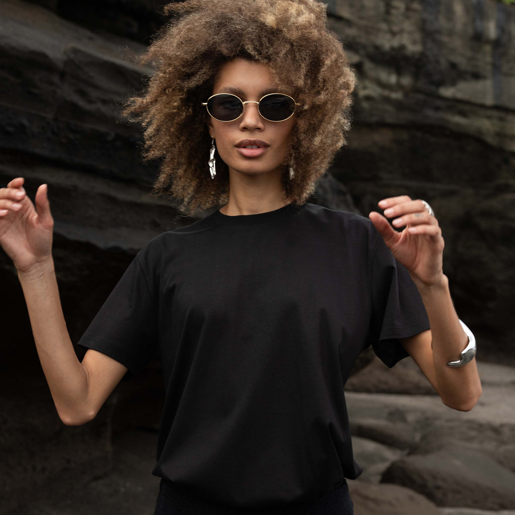 "THE FLOW" Silk Blend Regular T-Shirt - BLACK